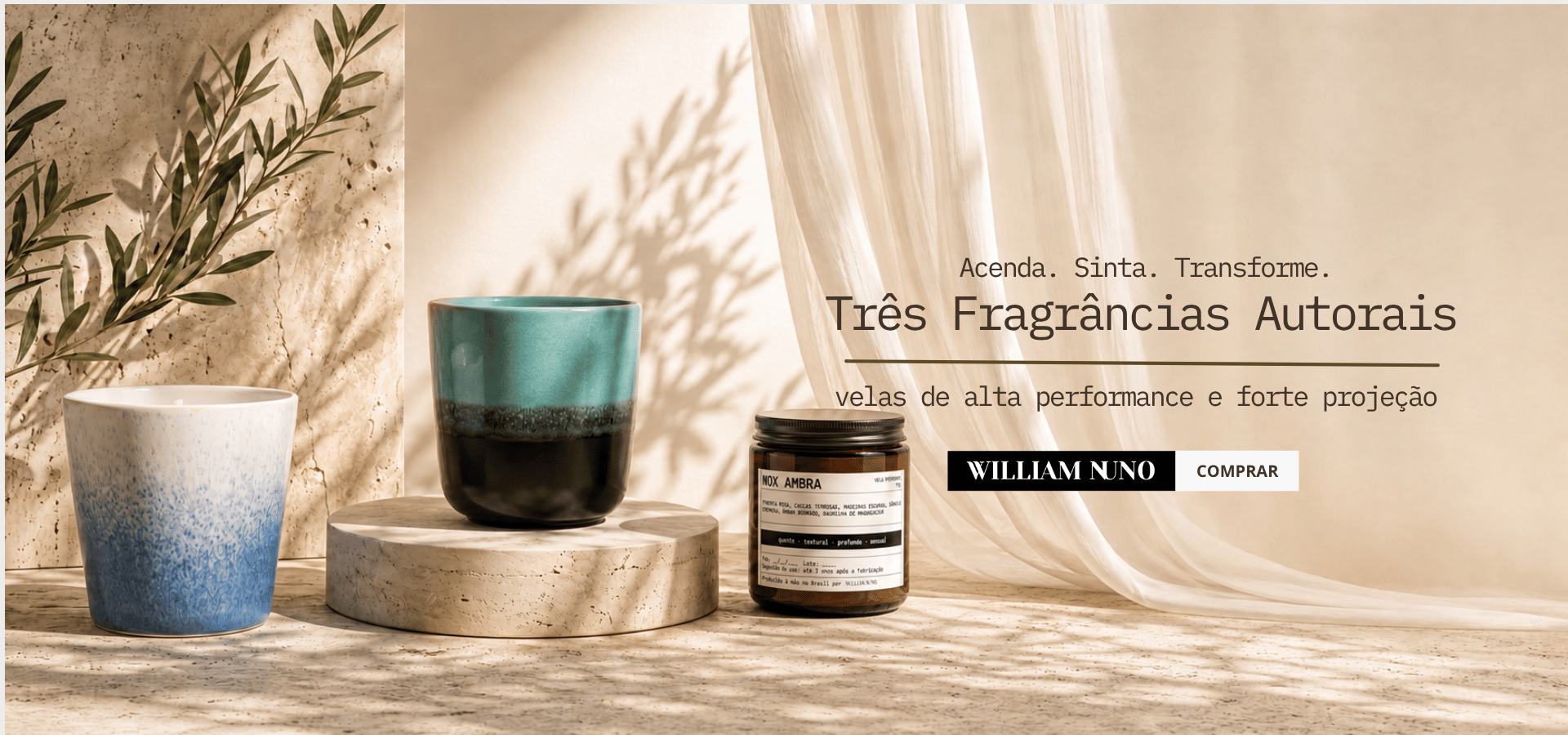 Três fragrâncias autorais — velas de alta performance e forte projeção