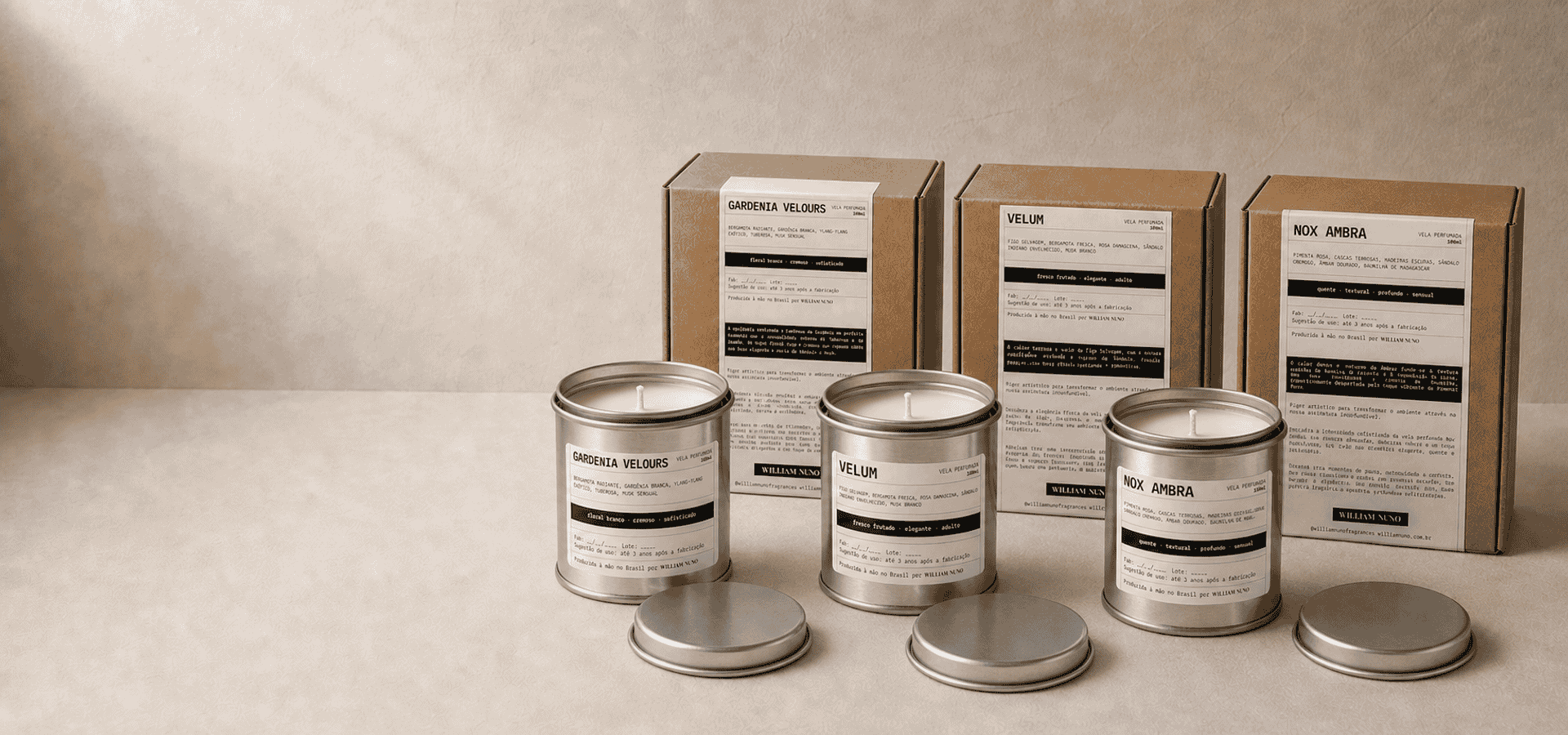 Velas Gardenia Velours, Velum e Nox Ambra em latas