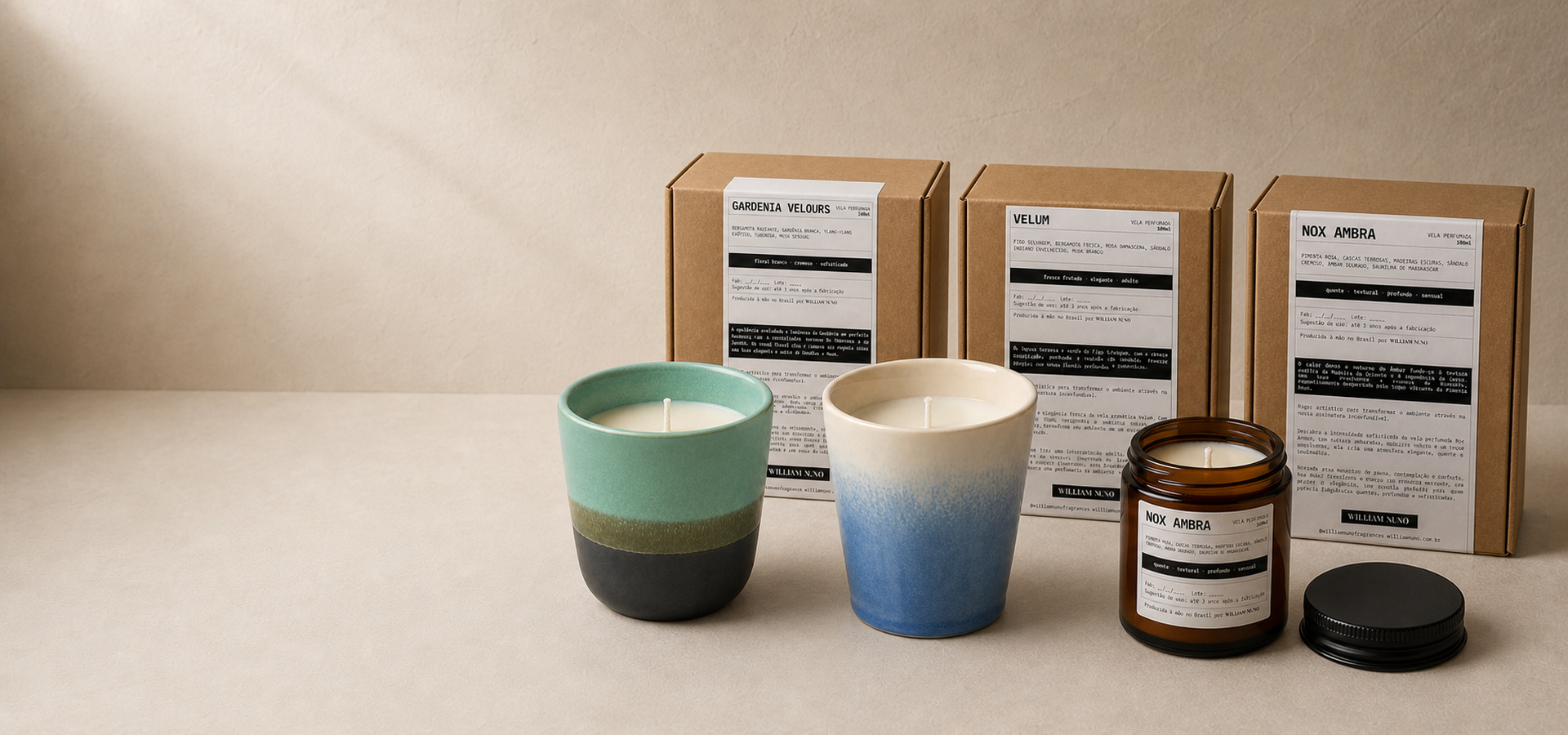Velas Gardenia Velours, Velum e Nox Ambra com suas embalagens